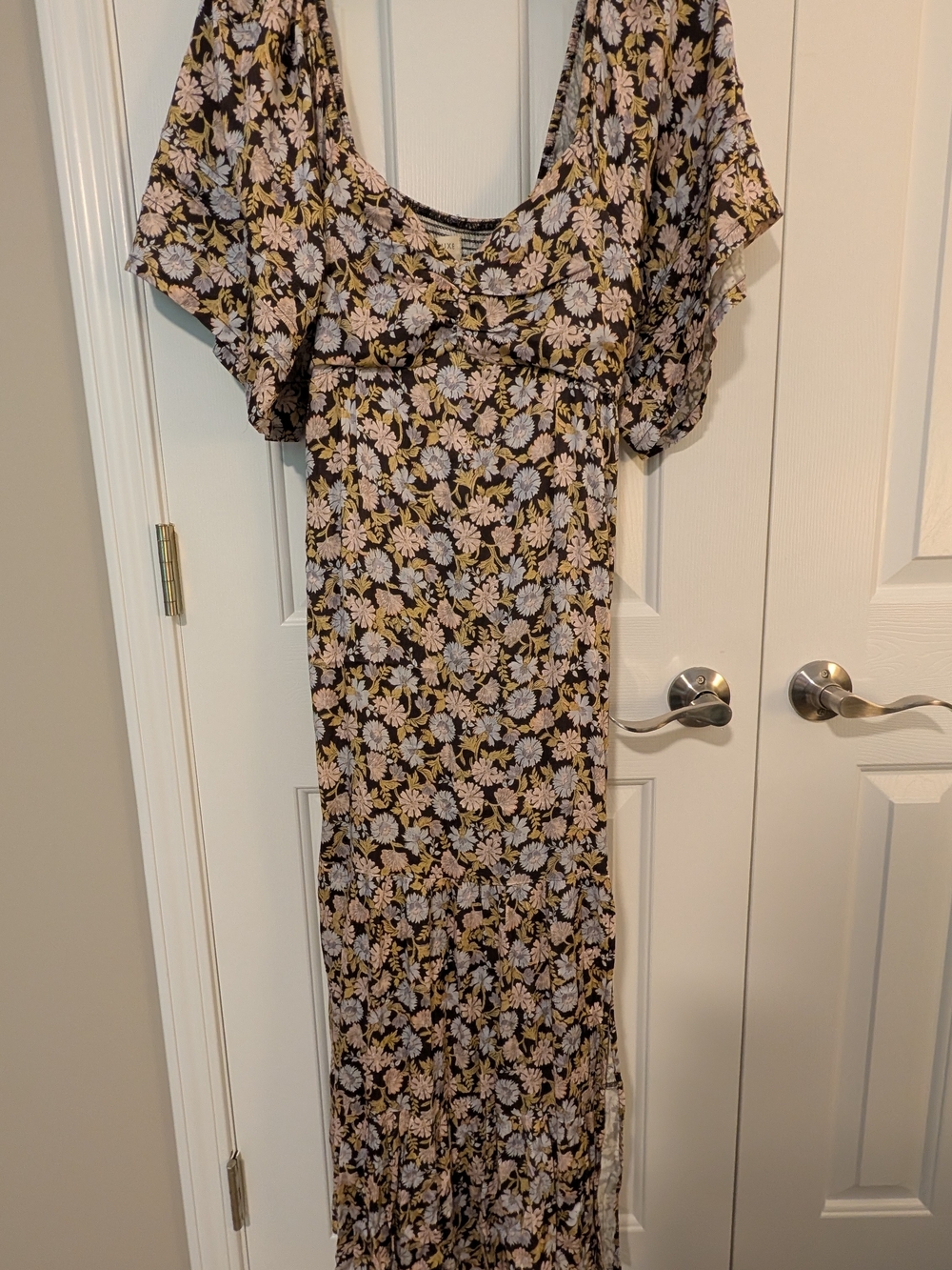 saltwater LUXE Brown Maxi Dress with Blue and Pink Floral Print NWT